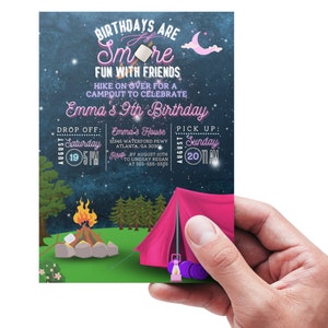 May include: A camping-themed birthday party invitation with a pink tent, a campfire, and a starry night sky. The text reads "Birthdays are Smore Fun with Friends" and "Emma's 9th Birthday".