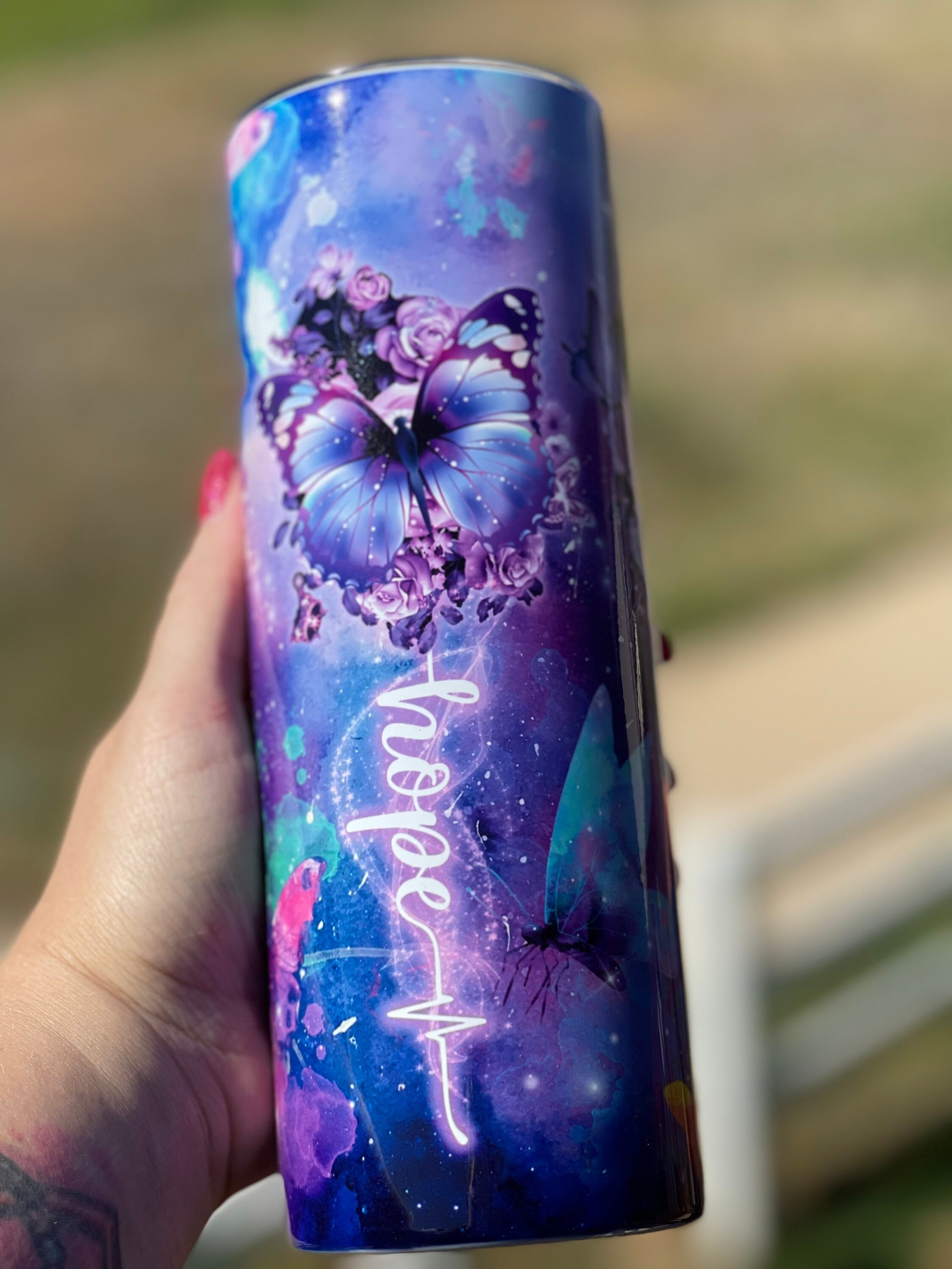 Faith Love Hope Purple Butterfly 20 oz insulated tumbler with lid and straw