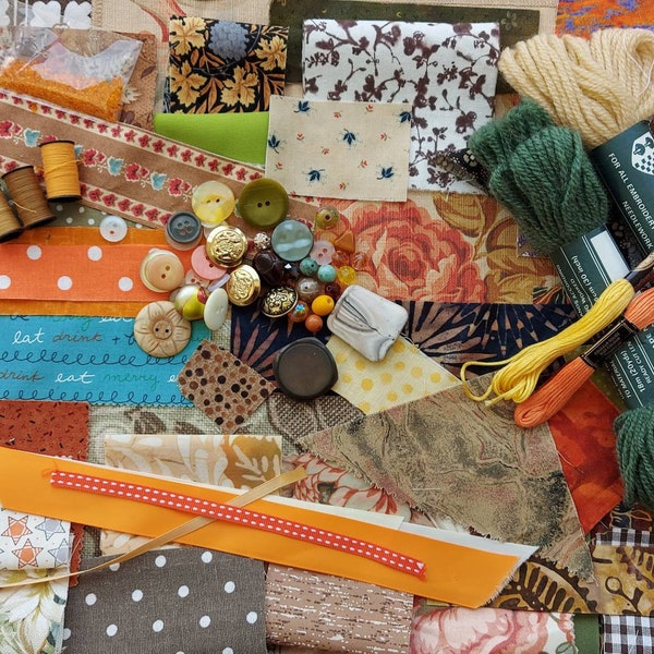 Slow Stitch Creativity Box, Autumn Walks, orange, brown, Mindfulness Craft Kit, Textile Scrapbox, Junk Journalling, Fabric remnants