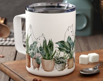 Cats Plants Travel Mug With Lid | Cats and Plant Gift | Cat Lover Gift Ideas | Travel Mug With Handle and Lid Insulated