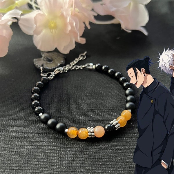 Geto Suguru Edelsteinarmband - Jujutsu Kaisen Inspiration - Onxy - Pfirsich Mondstein - Gojo & Geto Matching Perlenarmband