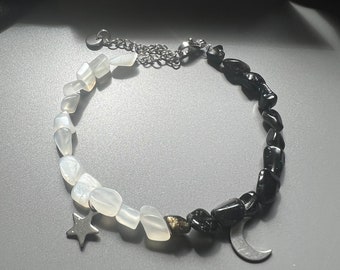 Moonstone & Obsidian Bracelet - Half Pearl Bracelet - Stainless Steel Moon Star Pendant