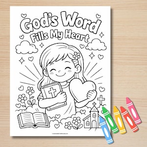 May include: Black and white coloring page with the text "God's Word Fills My Heart." The image features a smiling girl holding a heart and a book with a cross. Additional elements include a church, flowers, and crayons.