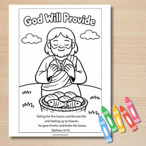 Op de afbeelding: Zwart-wit kleurplaat met de tekst "God Will Provide". De afbeelding toont een figuur die brood boven een mand met vissen houdt, met de tekst "Matteüs 14:19" onderaan. Kleurpotloden zijn zichtbaar.