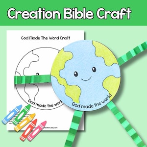 May include: A paper craft project featuring a circular earth illustration with a smiling face, colored in blue and green, with the text God made the world. It includes a black and white printable template and five colorful crayons.