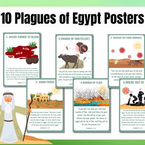 Puede incluir: Un conjunto de 10 carteles coloridos que representan las plagas de Egipto de la Biblia. Cada cartel presenta una ilustración y una breve descripción de la plaga. Los carteles son perfectos para enseñar a los niños sobre la Biblia.