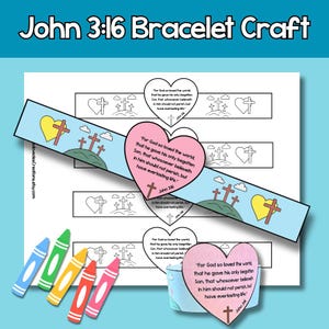 以下が含まれることがあります： 「John 3:16 Bracelet Craft」のテキストが入った、印刷可能なブレスレットのクラフトプロジェクト。デザインには、ハート、十字架、聖書の詩「For God so loved the world...」が含まれています。青、緑、黄色、オレンジ、ピンクのクレヨンが含まれています。