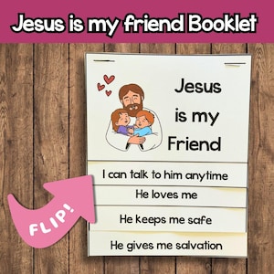 May include: A booklet with the title "Jesus is my friend Booklet" in a white font on a maroon background. The booklet has an illustration of Jesus hugging two children. The text reads "Jesus is my Friend" and other phrases.