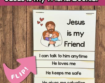 May include: A booklet with the title "Jesus is my friend Booklet" in a white font on a maroon background. The booklet has an illustration of Jesus hugging two children. The text reads "Jesus is my Friend" and other phrases.
