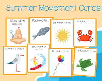 夏の運動と音のカード、幼稚園児と保育園児向けの夏のアクティビティ、夏の運動カード、粗大運動アクティビティ、夏の印刷物