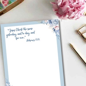 May include: A blue and white floral design with gold accents on a light blue background. The text "Jesus Christ the same yesterday, and to day, and for ever." Hebrews 13:8 is printed in dark blue.