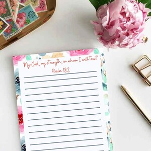 May include: A white printable journal page with a floral design and the text "My God, my strength, in whom I will trust Psalm 18:2".