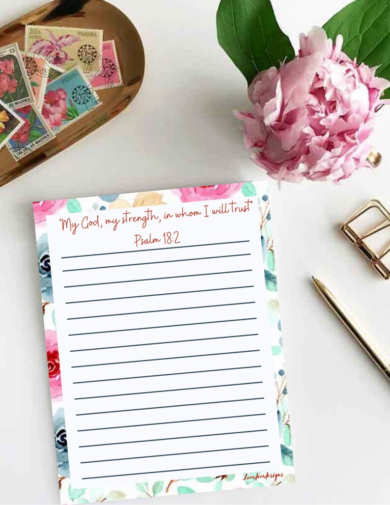 May include: A white printable journal page with a floral design and the text "My God, my strength, in whom I will trust Psalm 18:2".