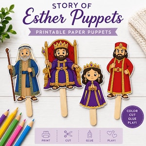 May include: A set of four printable paper puppets on wooden sticks depicting characters from the Story of Esther, including a man with a staff, a king on a throne, a queen, and a man in red robes, with colored pencils and instructional icons.