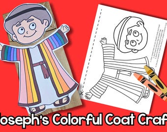 Könnte beinhalten: Ein farbenfrohes Josephs-Mantel-Bastelprojekt mit einer Cartoon-Illustration von Joseph in einem mehrfarbigen Mantel. Eine Schwarz-Weiß-Umrisszeichnung von Joseph befindet sich auf einem weißen Papier mit Buntstiften. Der Text "Joseph's Colorful Coat Craft" steht unten.
