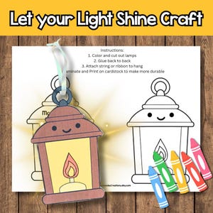 Op de afbeelding: Een knutselproject met een bruine en gele lantaarn met een lachend gezicht en een vlam. De afbeelding bevat instructies, een zwart-wit lantaarnomtrek en kleurpotloden. De tekst luidt "Let your Light Shine Craft."