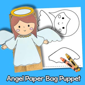 May include: A paper bag puppet of an angel with brown hair, a yellow halo, and a light blue robe, accompanied by a black and white line art template of the angel and two crayons, with the text Angel Paper Bag Puppet at the bottom.