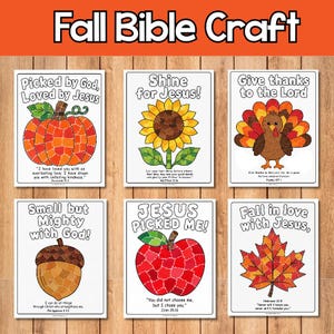Könnte beinhalten: Ein Set aus sechs ausdruckbaren Malvorlagen mit dem Titel Fall Bible Craft, die Mosaik-Illustrationen eines Kürbisses, einer Sonnenblume, eines Truthahns, einer Eichel, eines Apfels und eines Ahornblatts mit religiösen Texten zeigen.