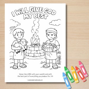 May include: Black and white coloring page with the text "I WILL GIVE GOD MY BEST". The image depicts two figures, one holding a lamb and the other a basket of produce, with a fire in the center. The text "Honor the LORD with your wealth and with the best part of everything you produce. Pro. 3:9" is also included.