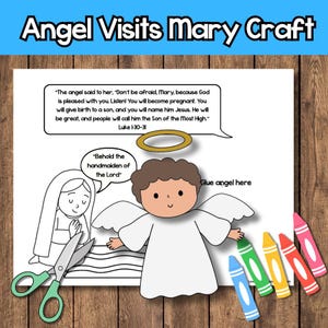 Può includere: Un foglio di lavoro intitolato "Angel Visits Mary Craft" con un angelo dei cartoni animati, Maria e testo da Luca 1:30-31. Include forbici verdi, un'aureola dorata e pastelli colorati. L'angelo ha ali bianche e un'acconciatura riccia marrone.