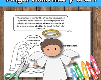 May include: A printable craft sheet titled Angel Visits Mary Craft featuring a black and white line drawing of Mary and an angel with a gold halo. Speech bubbles contain text from Luke 1:30-31 and the phrase Behold the handmaiden of the Lord.