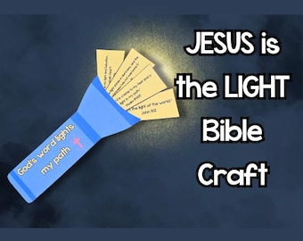 May include: A blue paper flashlight with the text "God's word lights my path" and a pink cross. The flashlight is illuminating several yellow rectangles with Bible verses. The words "JESUS is the LIGHT Bible Craft" are displayed in white text.