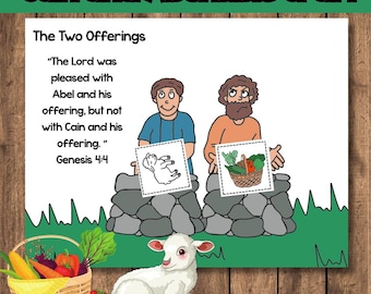 May include: A colorful illustration for a Bible craft, featuring the text "Cain and Abel Bible Craft." The image depicts two men, each holding an offering. One offers a lamb, the other a basket of vegetables. A lamb and basket of vegetables are also shown.