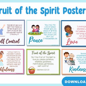 Póster del fruto del Espíritu, pósters para pintar del fruto del Espíritu, decoración de pared del fruto del Espíritu, pósteres de la escuela dominical, pósteres para niños