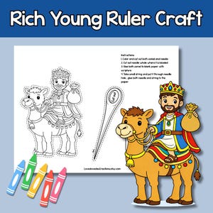 Könnte beinhalten: Ein Bastelprojekt namens "Rich Young Ruler Craft" mit einer Cartoon-Illustration eines Königs auf einem Kamel, einer Ausstechnadel und Anweisungen. Enthält blaue, grüne, gelbe, rote und rosa Buntstifte. Die Website LovedovedesCreations.etsy.com ist sichtbar.