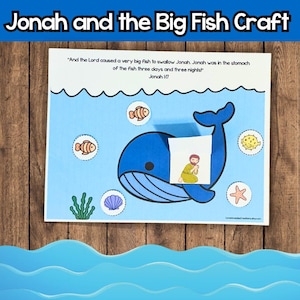 Puede incluir: Un proyecto de manualidades titulado "Jonah and the Big Fish Craft" con una ilustración de una ballena azul con un recorte de una persona en su interior. La imagen incluye peces, una estrella de mar y texto del versículo bíblico Jonás 1:17.