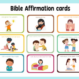 Op de afbeelding: Negen kleurrijke affirmatiekaarten met illustraties en tekst. De kaarten bevatten zinnen als "God geeft me wijsheid", "God houdt van me" en "God kan me helpen leren".