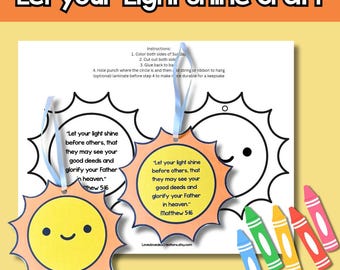 Let Your Light Shine Before Men Bible Verse Sun Craft, Bible Verse Coloring Page (PDF File)