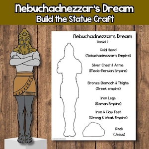 Puede incluir: Una hoja de actividades de manualidades titulada "El sueño de Nabucodonosor" con un dibujo de una estatua y una lista de partes del cuerpo que representan imperios. La estatua es de oro, plata, bronce y hierro. El texto incluye "Construye la estatua".