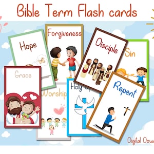 Flashcards de termos bíblicos para crianças Flashcards bíblicos, aprendizagem cristã, jogo de versículos de memória, flashcards imprimíveis para crianças