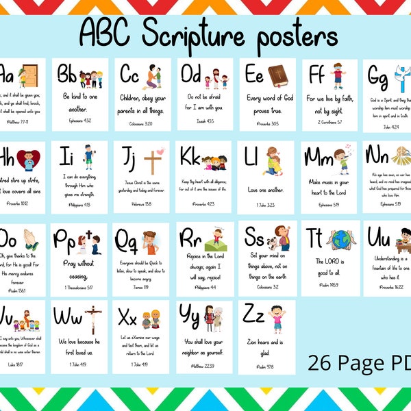 ABC Bible Scripture posters, Alphabet Scripture Posters, Preschool-Kindergarten Phonics, Sunday School decor, Classroom Posters