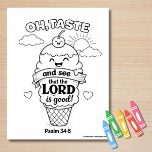 Oh Taste and See Ice-Cream Bible ColoringPage , Psalm 34:8 Craft, Bible Verse Coloring Page PDF