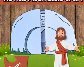 Pode incluir: Um artesanato bíblico infantil com um túmulo azul claro com uma porta dobrável e uma representação de desenho animado de Jesus. O texto "He Has Risen Bible Craft" está no topo, e uma seta vermelha com "FLIP!" está na parte inferior.