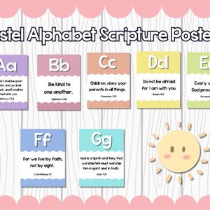 Pastel Alphabet Scripture Posters: Bible Verse Classroom Decor (PDF Print File)