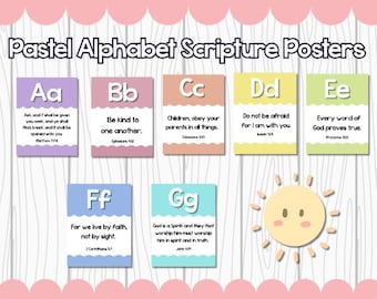 Pastel Alphabet Scripture Posters: Bible Verse Classroom Decor (PDF Print File)