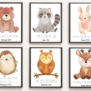 Arte mural con versículos bíblicos sobre animales del bosque para el aula, carteles para la escuela dominical, carteles de animales para guarderías, carteles de las Escrituras para niños