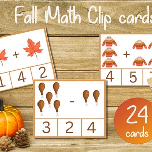 Fall themed math activity, fall adding and subtracting game, Montessori fall printable, math clip cards, addition clip cards,