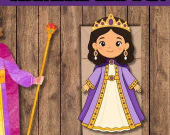 May include: A Queen Esther Bible Craft paper cutout featuring a character with dark hair wearing a gold crown, purple cape, and white dress with gold trim. A gold scepter with a red gem is visible on the left. The text Queen Esther Bible Craft is at the top.