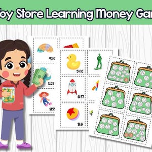 Op de afbeelding: Illustratie van een educatief spel met de tekst "Toy Store Learning Money Game". De afbeelding toont een kind met geld en munten, samen met kaarten met speelgoed en prijzen, en portemonnees.