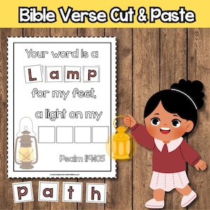 May include: A Bible verse cut and paste activity sheet with the text "Your word is a lamp for my feet, a light on my" and the words "path" below. A cartoon girl holds a lantern.