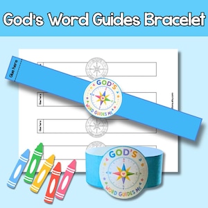 May include: A craft kit for making "God's Word Guides" bracelets. The kit includes a blue paper strip, a printed compass design, and crayons in blue, green, yellow, and red. The text "God's Word Guides Bracelet" is at the top.