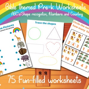 Bible themed Pre-k worksheets 75-page bundle Pre-k pintable&#39;s ,Pre-k worksheets, toddler busy book, ABC recognition, number recognition