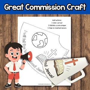 Peut inclure: Un projet de bricolage intitulé "Great Commission Craft" avec un garçon de dessin animé tenant un mégaphone. Le projet comprend une forme de cône imprimable avec une croix, un livre ouvert et l'inscription "I will tell the world about Jesus!"