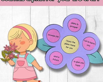 May include: A cartoon illustration features a girl holding flowers next to a purple flower-shaped craft. The craft has text that reads "God has a plan for your life Craft" and includes Bible verses and inspirational phrases.