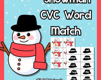Dopasowywanie słów CVC dla bałwana, zimowe CVC do druku (PDF)