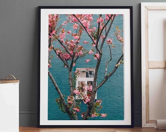 ロンドンの写真プリント、桜の家、ロンドンの春、ファインアート写真、ウォールアート